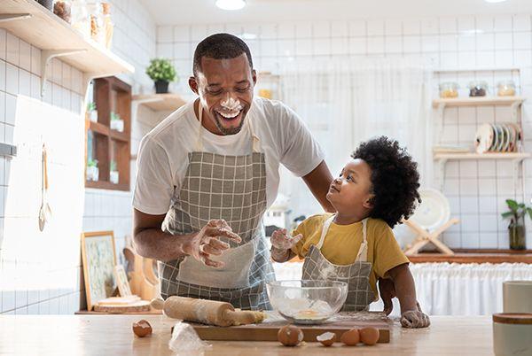 father and son baking kitchen