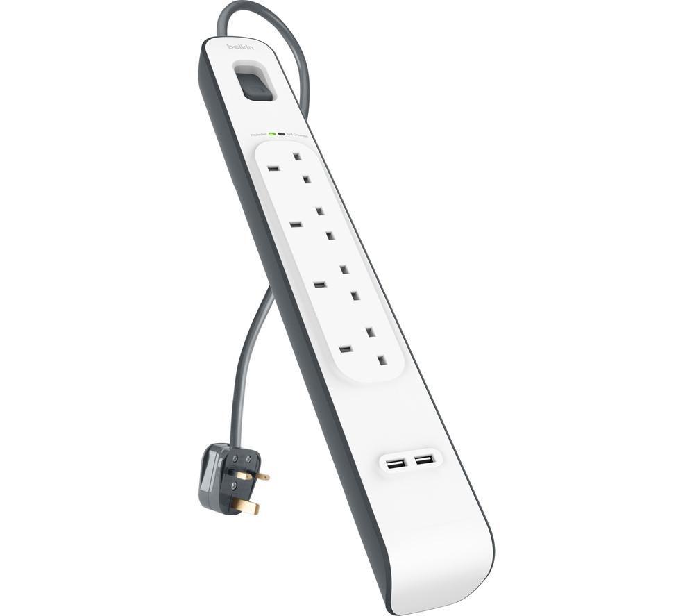 Belkin Extension Lead with USB Slots x 2 (2.4 A Shared), 4 Way/4 Plug Extension, 2m Surge Protected Power Strip - White