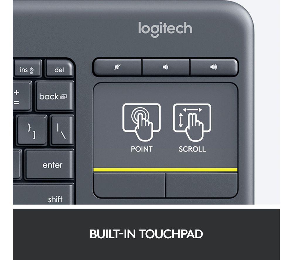 Logitech K400 Plus Tastiera Wireless Touch Con Touchpad Integrato, Layout Scandinavo QWERTY, Batteria 18 Mesi, Raggio 10m, Compatibile Windows/Android/Chrome OS, Nero
