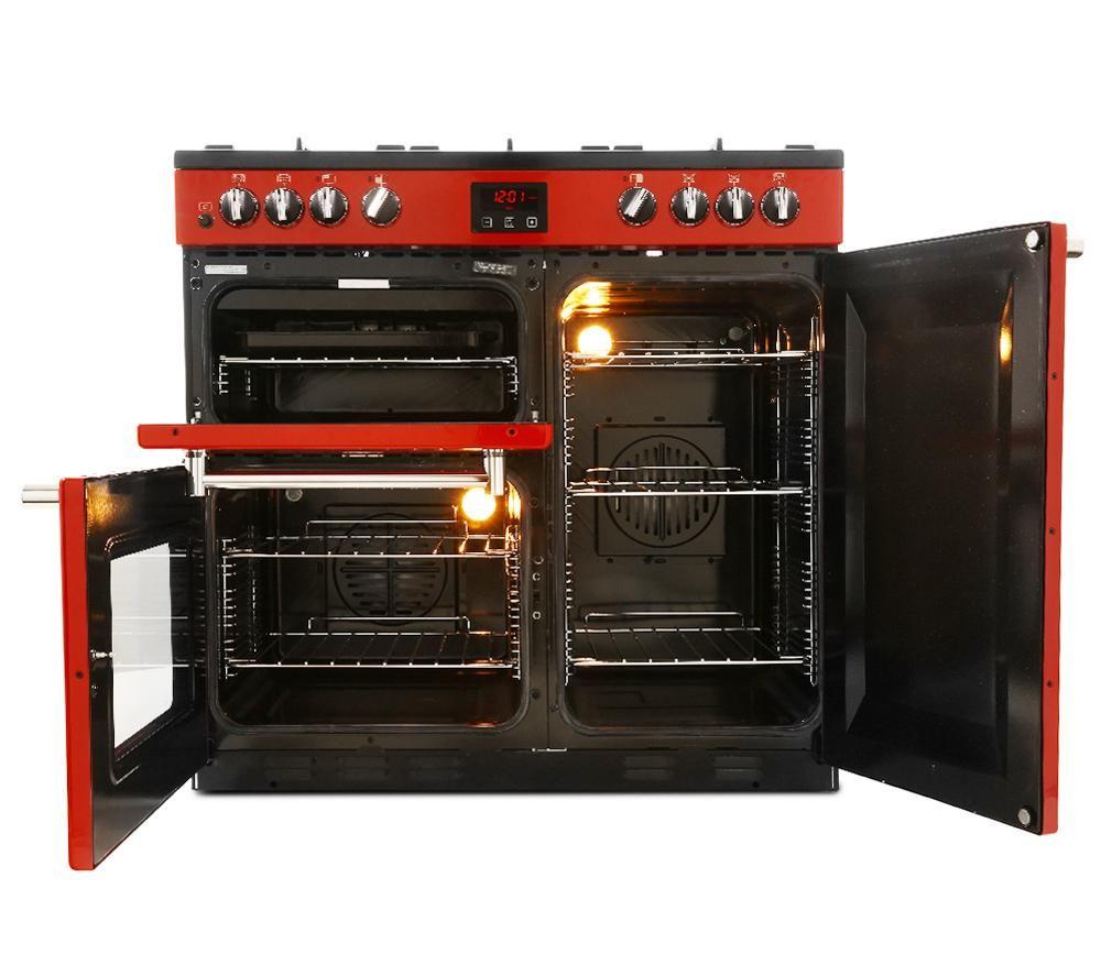 Buy BELLING Kensington 90DFT Dual Fuel Range Cooker Red & Chrome Currys