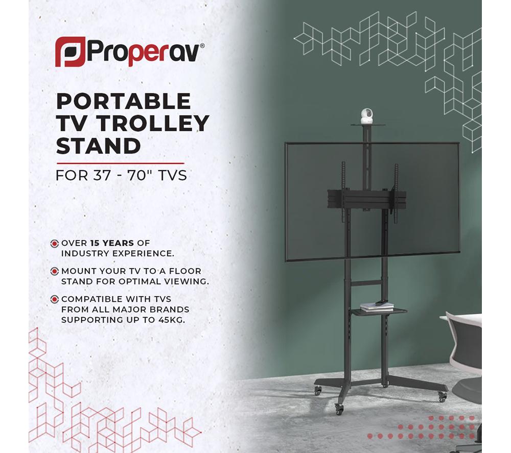 PROPERAV Portable Trolley 845 mm TV Stand with Bracket for up to 70" TVs - Black image number 2 of 9