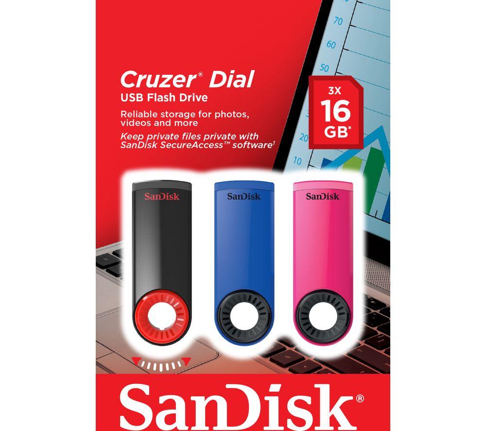 Image of SANDISK Cruzer Dial USB 2.0 Memory Stick - 16 GB, Pack of 3, Blue,Pink,Black