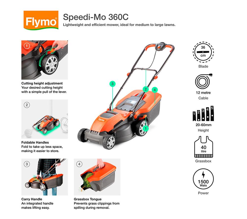 FLYMO Speedi-Mo 360C Rotary Lawn Mower - Orange & Grey image number 2 of 9