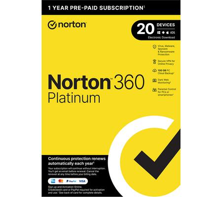 NORTON 360 Platinum - 1 year (automatic renewal) for 20 devices