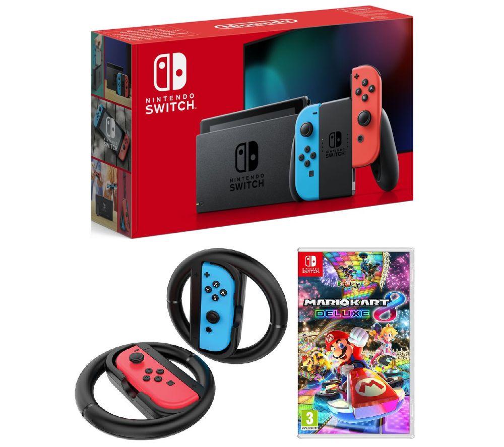 NINTENDO Switch Neon, Mario Kart 8 & Joy-Con Racing Wheels Bundle, Black,Red,Blue