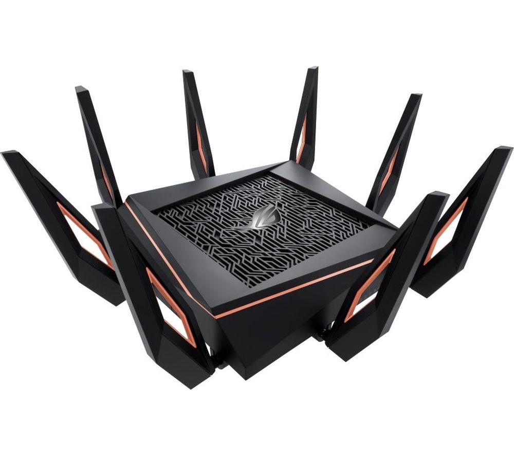 ASUS GT-AX11000 ROG Rapture 802.11ax Tri-Band Router, Speed Up to 1.1 Gbps, MU-MIMO With OFDMA Tech, 3 Level Game Boost, Private Network, Game Radar for Server Connection with Dual-Band Wi-Fi Adapter