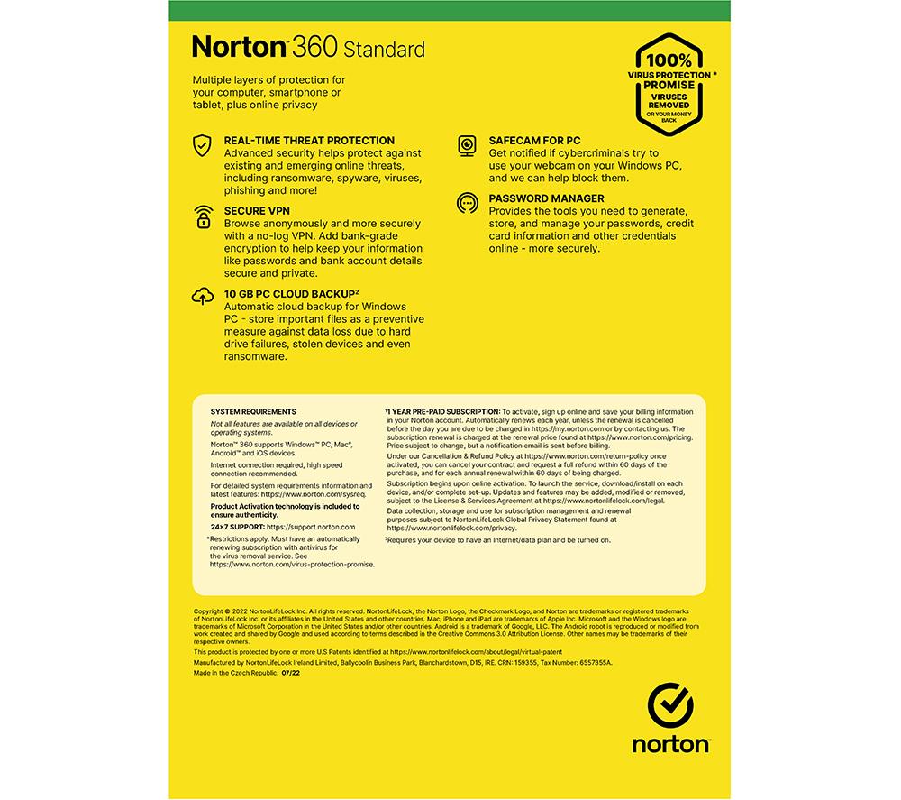 NORTON 360 Standard - 1 year (automatic renewal) for 1 device image number 2 of 8