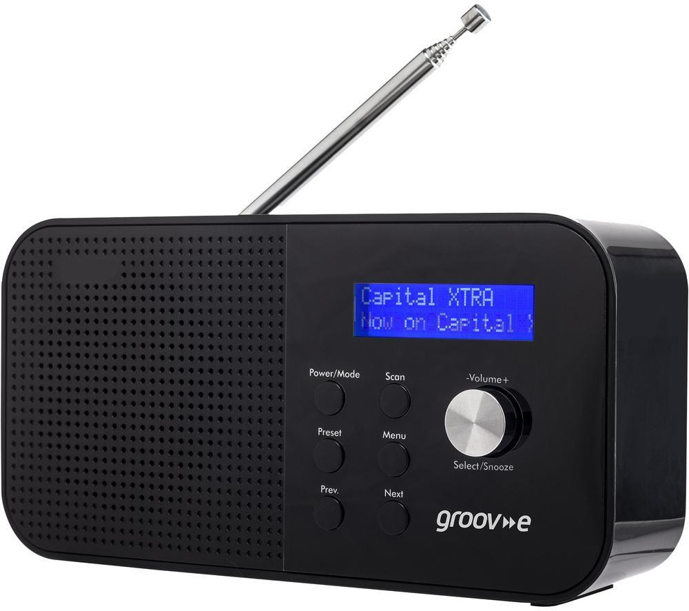 groov-e Venice DAB & FM Digital Radio - Built-In Alarm Clock & Bluetooth Connectivity - LCD Display - Mains or Battery Operated - Portable Radio - 20 Preset Stations - Black