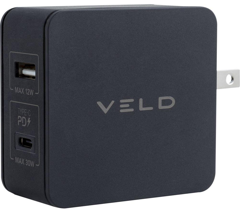 Veld 42W PD Super-Fast 2 Port Travel Charger - inc UK/USA/EU & AUS plugs 1 type C 30w 1 USB A 12w inc protective case ideal for smart phones/tablets