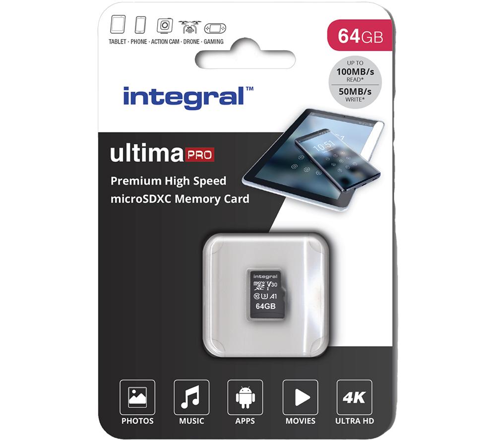 64GB Micro SD Card 4K Ultra-HD Video Premium High Speed Memory Microsdxc Up To 100MB/S V30 UHS-I U3 A1 C10, by Integral