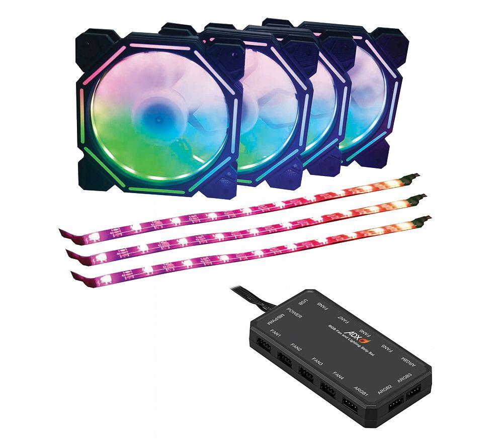 ADX ADXFANLG20 120 mm Case Fan, Lighting Strips & Controller Bundle - Quad Pack, RGB LED, Black