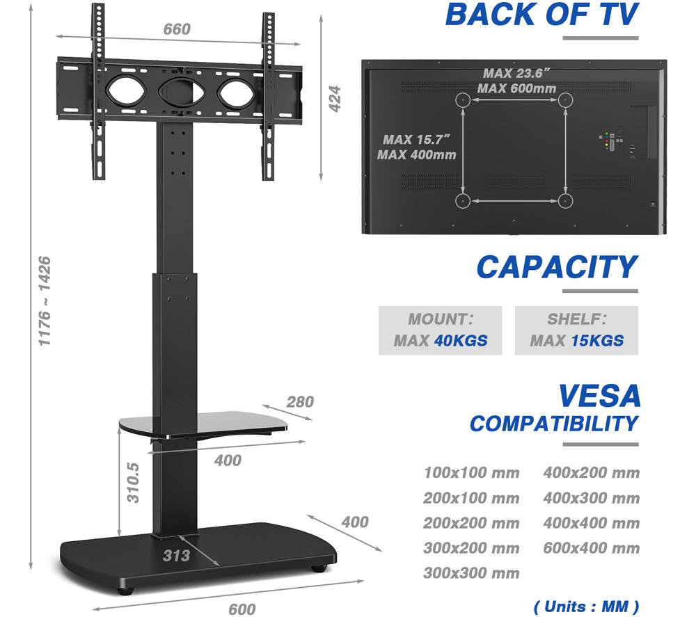 TTAP FS1-BLK TV Stand with Bracket for up to 55" TVs &ndash; Black image number 7 of 7