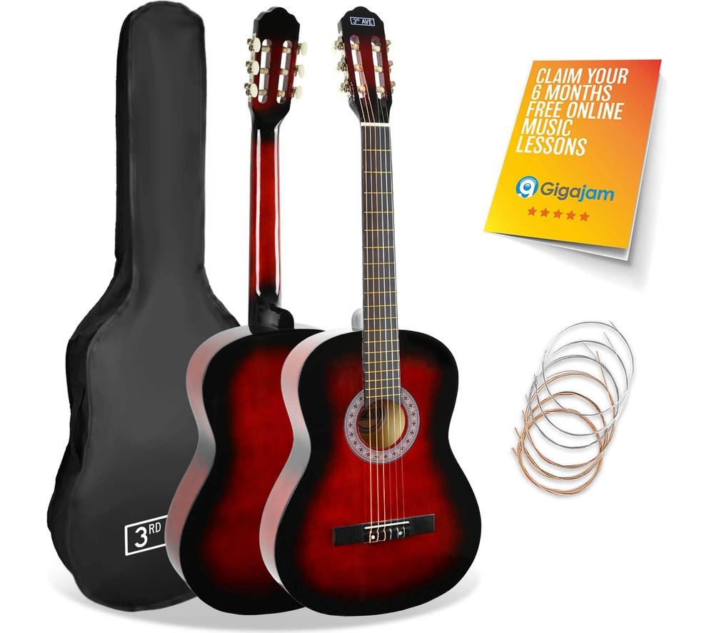3RD AVENUE Full Size 4/4 Classical Guitar Bundle - Redburst, Red