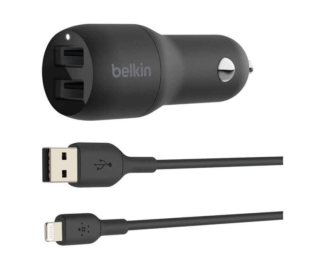 Belkin Dual USB Car Charger 24W + Lightning Cable (Boost Charge Dual Port Car Charger, 2-Port USB Car Charger) iPhone Car Charger, iPad Car Charger, AirPods Car Charger