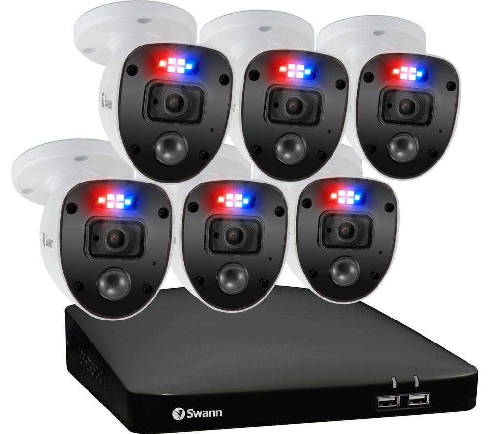 Swann Home DVR Security Camera System with 1TB HDD, 6 Camera 8 Channel, 1080p Full HD Video & Add-On DVR Bullet Security Cameras with Spotlights, Flashing Lights, Sirens, 4K Ultra HD Video