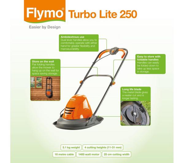 Folds Flat Flymo TurboLite Hover Mower and MiniTrim Grass Trimmer – 1400 W Ambidextrous Handles 25 cm Cutting Width