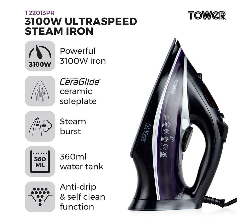 TOWER CeraGlide Ultra Speed T22013PR Steam Iron - Purple image number 2 of 8