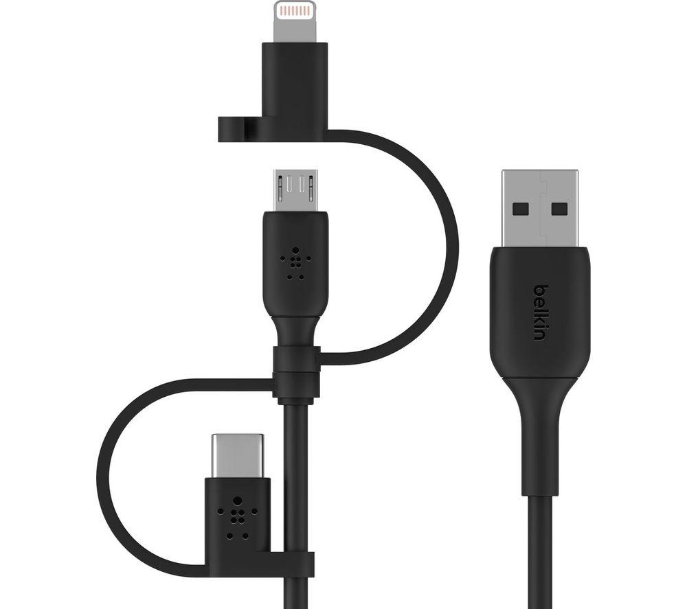 Belkin BOOST CHARGE Universal charging cable (Lightning/Micro-USB/USB-C to USB-A), 1 m, Black with Dual USB-A Wall Charger, 12 W X2, WHT