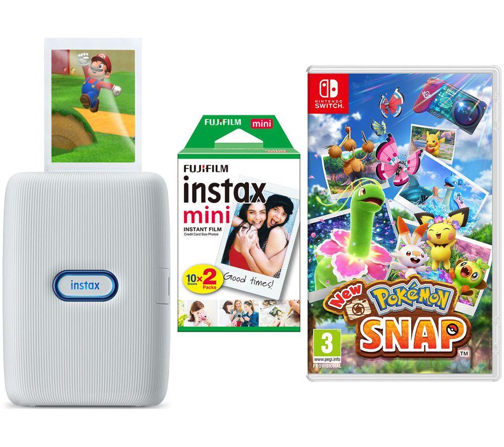 Instax mini Link Photo Printer Special Edition with Mini Film & Nintendo Switch New Pokémon Snap Bundle, White