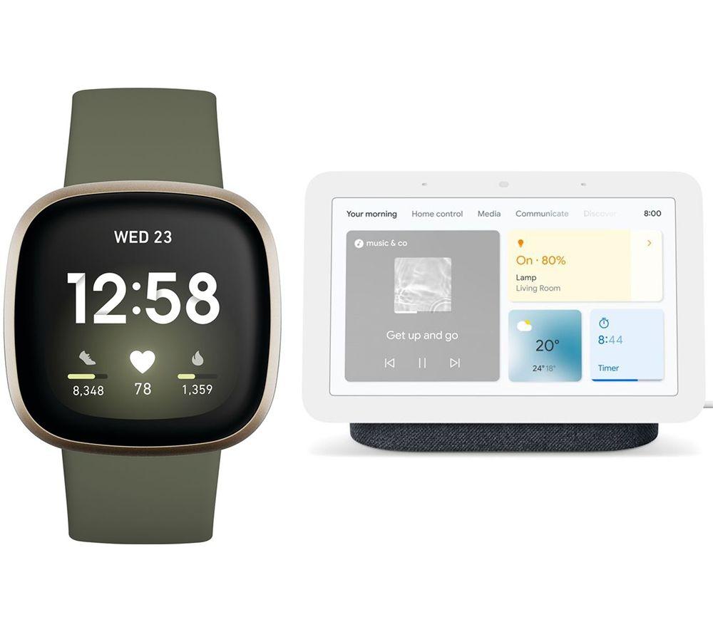 Fitbit Versa 3 & Google Nest Hub (2nd Gen) Smart Display Bundle - Olive & Charcoal
