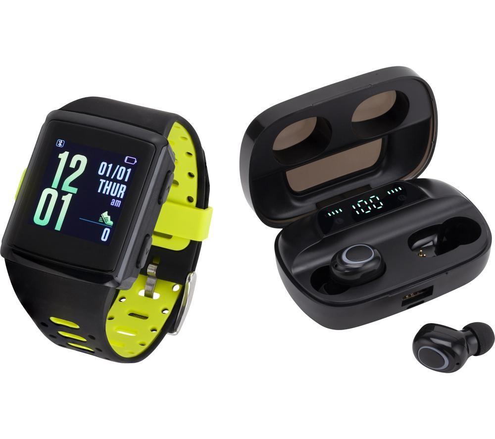 B-AKTIV GL1237 Fitness Tracker & Wireless Bluetooth Earbuds Bundle - Black & Green, Green,Black