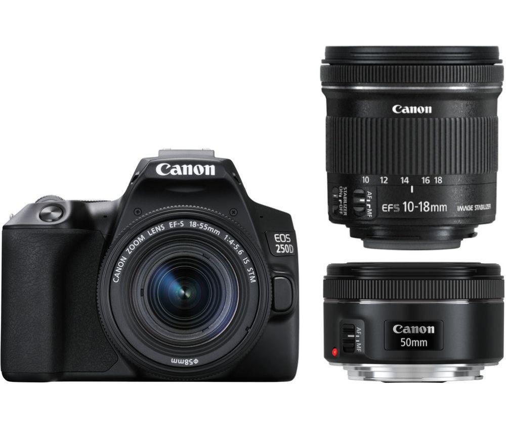 Click to view product details and reviews for Canon Eos 250d Dslr Camera Ef S 18 55 Mm F 35 56 Iii Ef 50 Mm F 18 Stm Ef S 10 18 Mm F 45 56 Is Stm Lens Bundle Black.