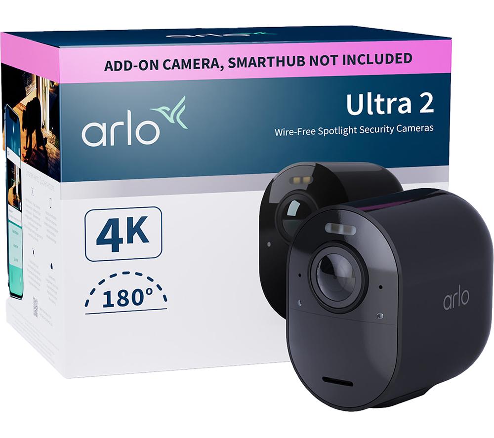 Arlo Ultra 2 Outdoor Smart Home Security Camera CCTV Add on and FREE Outdoor Power Cable bundle - black, With Free Trial of Arlo Secure Plan