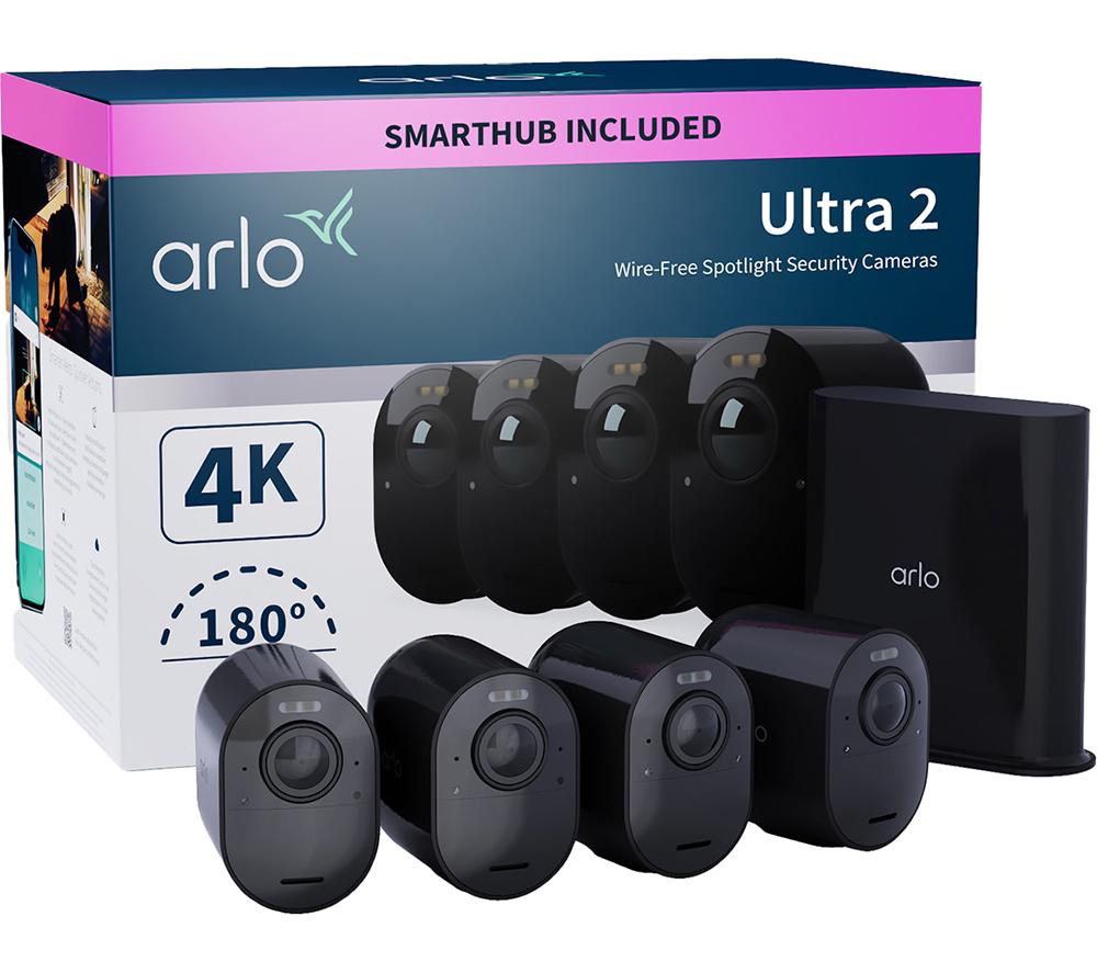 Arlo Ultra 2 Outdoor Smart Home Security Camera CCTV System and FREE Security Mount bundle, 4 Camera kit - black, With Free Trial of Arlo Secure Plan