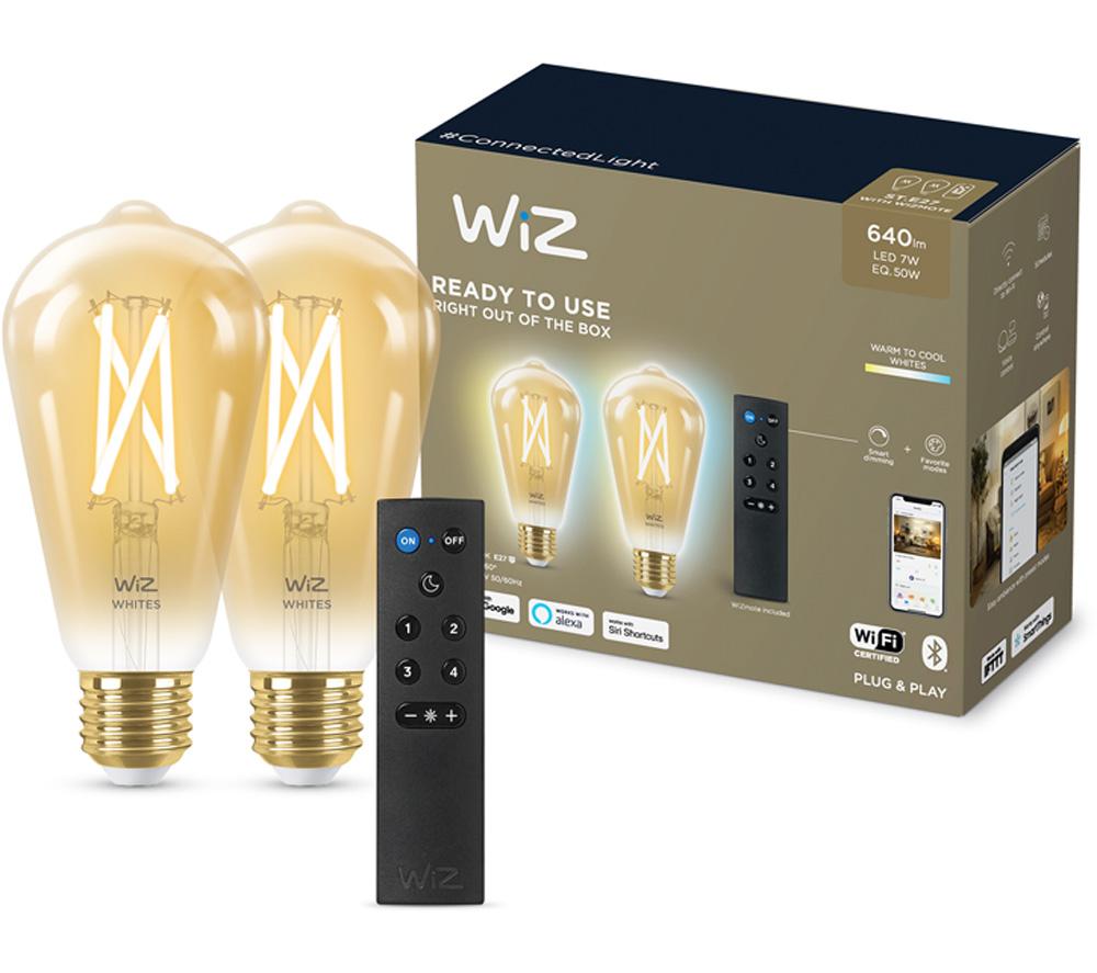 Wiz Connected Filament Amber Tuneable White Smart Led Light Bulb E27 St64 Twin Pack With 