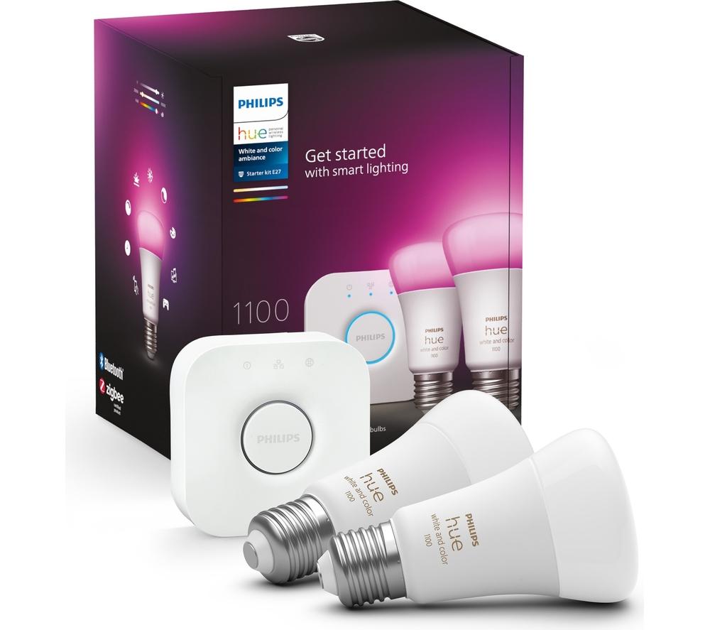 PHILIPS HUE White & Colour Ambiance Starter Kit with Twin Pack LED Smart Bulb & Bridge - E27