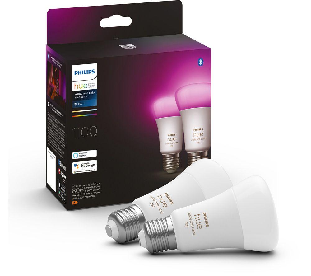 Philips Hue White & Colour Ambiance Smart LED Bulb - E27, 1100 Lumens, Twin Pack