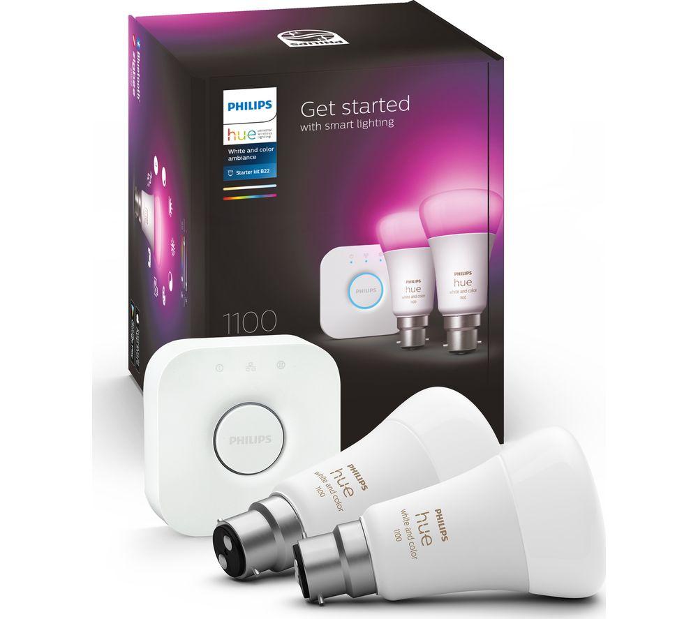 PHILIPS HUE White & Colour Ambiance Starter Kit with Twin Pack LED Smart Bulb & Bridge - B22