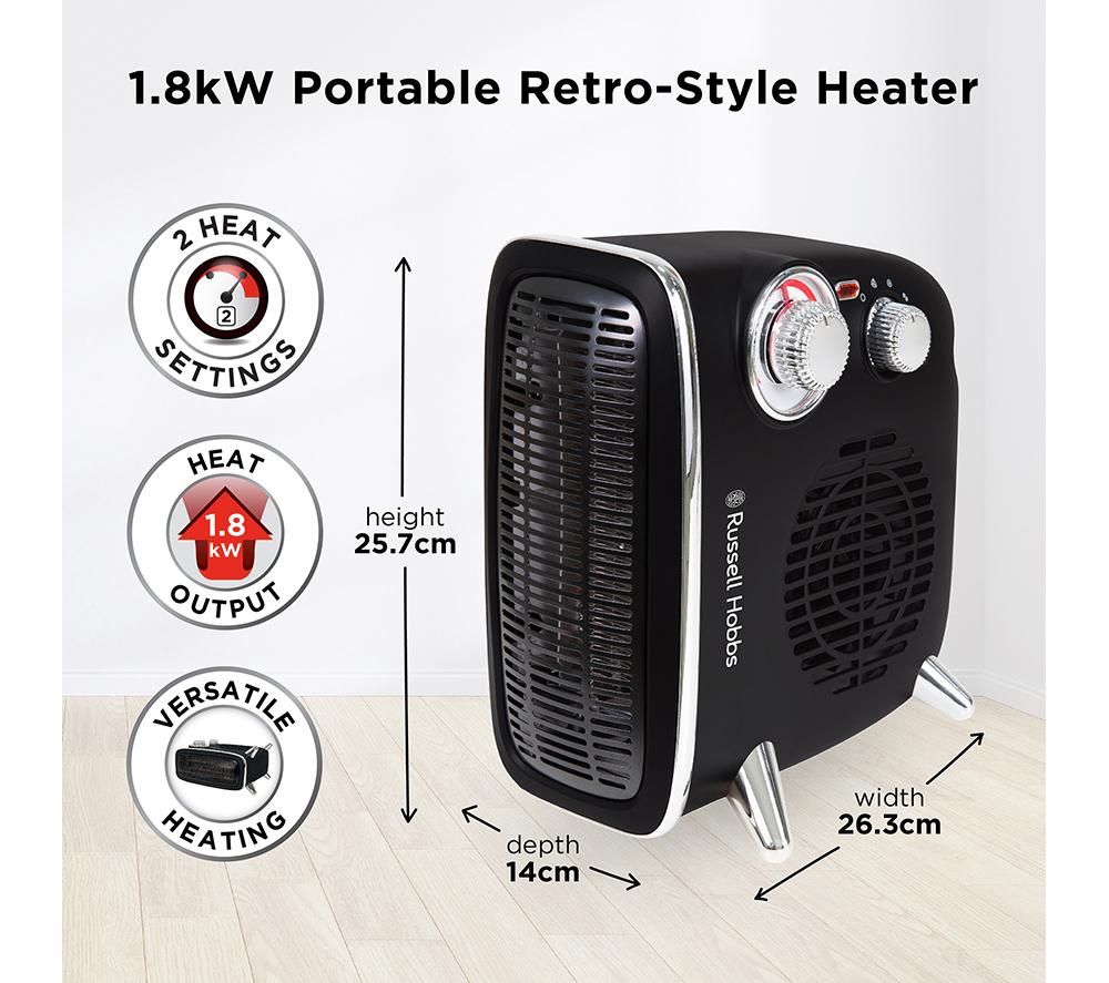 Russell Hobbs RHRETHFH1001G Calefactor Eléctrico de 1800 W/1.8 kW, Ventilador Retro Horizontal/Vertical, con Termostato Ajustable, 2 Ajustes de Temperatura, 20 m2, Control de Dial, Gris