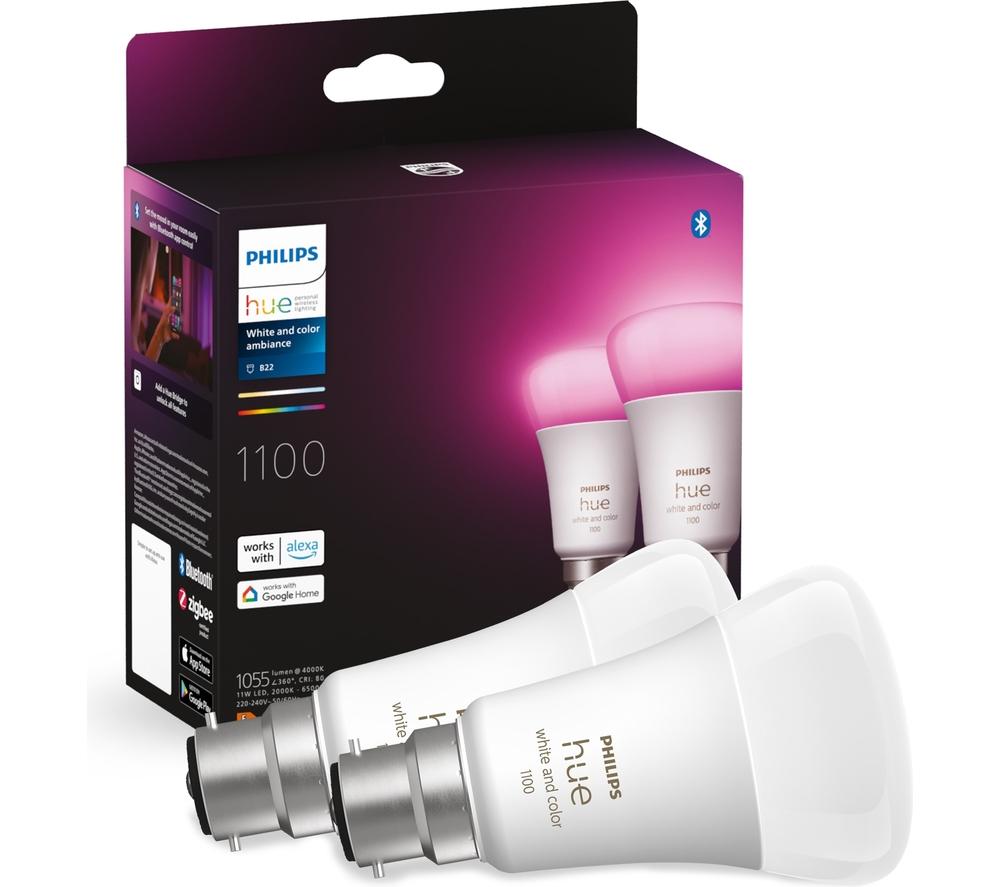 PHILIPS HUE White & Colour Ambiance Bluetooth LED Bulb - B22, 1100 Lumens, Twin Pack