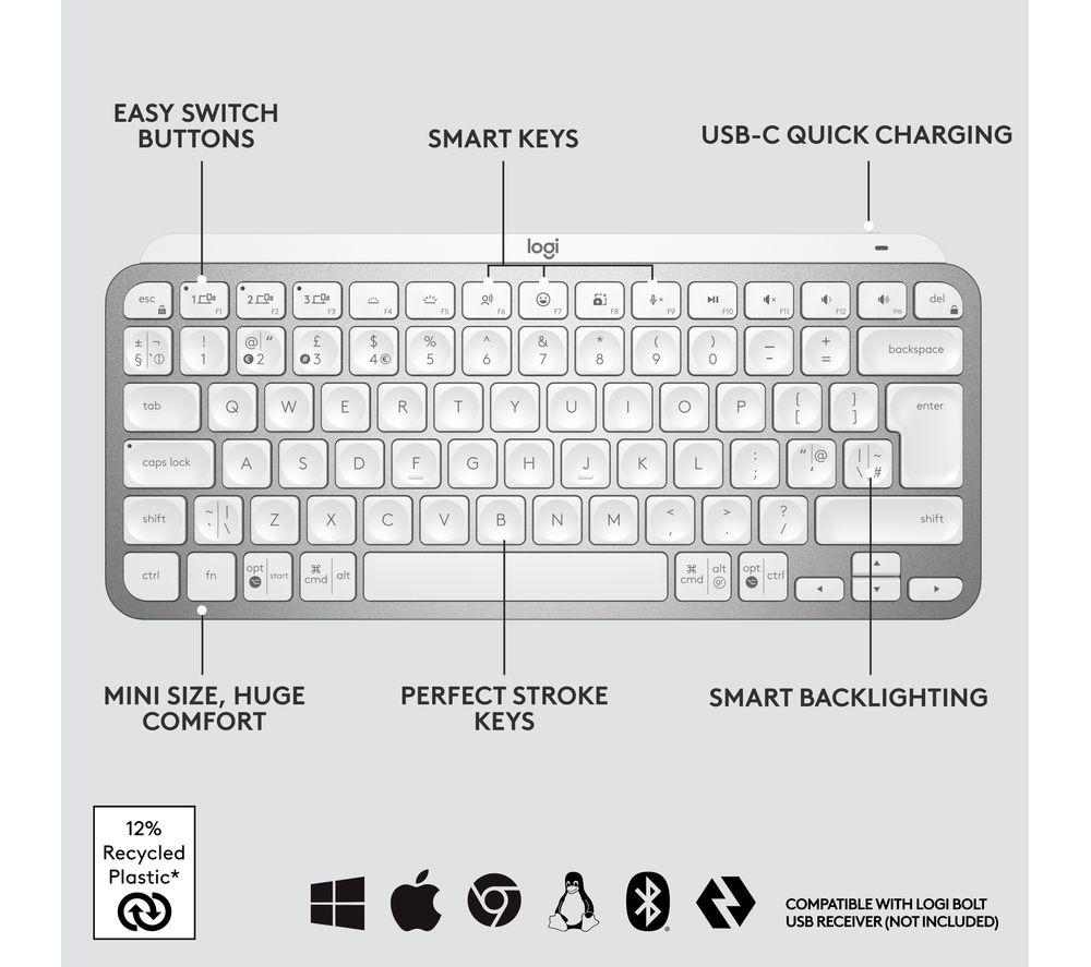 LOGITECH MX Keys Mini Wireless Keyboard - Pale Grey image number 6 of 12