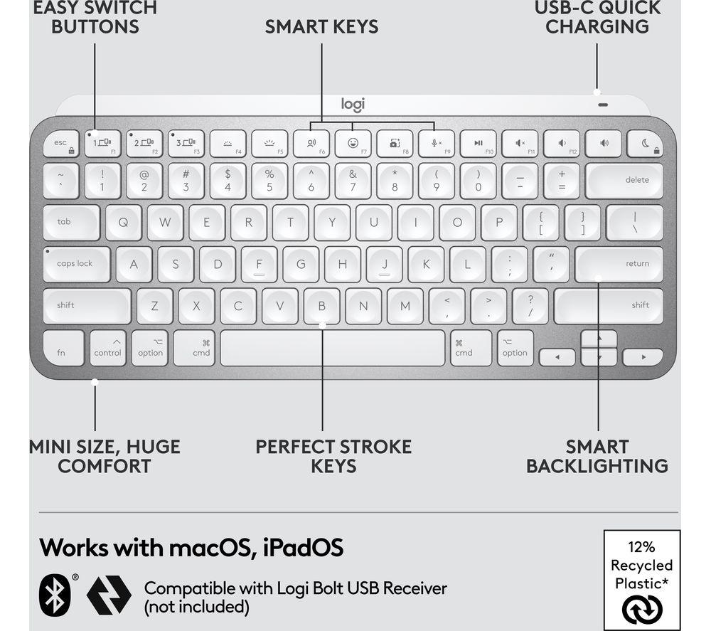 LOGITECH MX Keys Mini for Mac Wireless Keyboard - Pale Grey image number 6 of 12