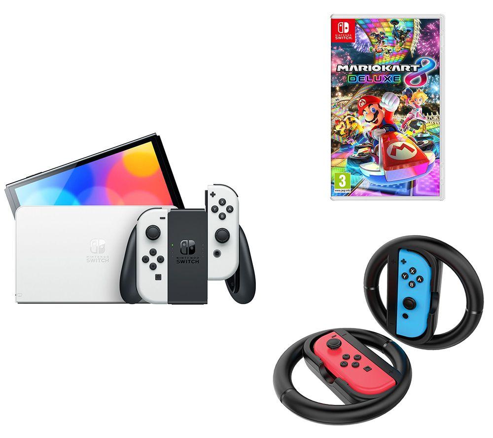 Nintendo Switch OLED White, Mario Kart 8 Deluxe & Venom Joy-Con Racing Wheels Bundle, White