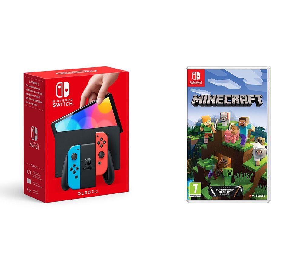 Nintendo Switch OLED Neon & Minecraft Bundle, Red,Blue
