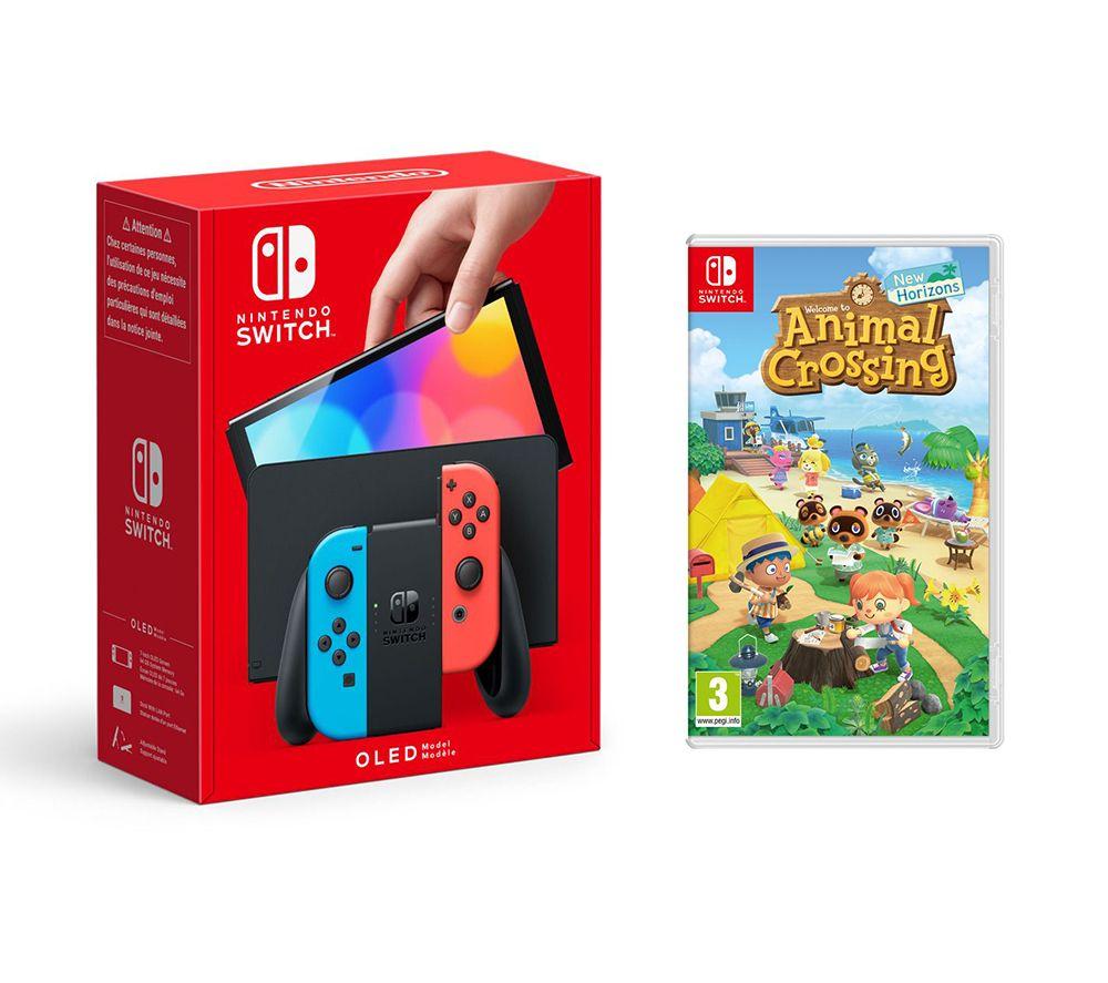 Nintendo Switch OLED Neon & Animal Crossing: New Horizons Bundle, Red,Blue