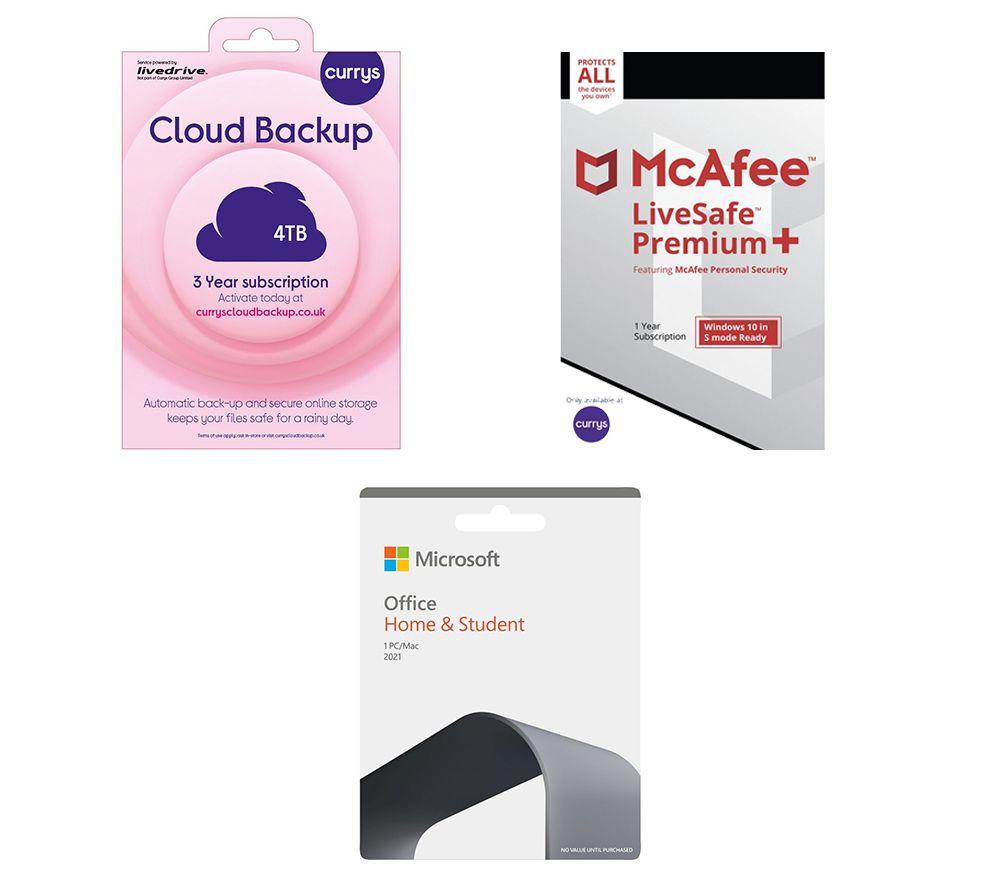 Microsoft Office Home & Student 2021 (Lifetime for 1 user), McAfee LiveSafe Premium & Currys Cloud B