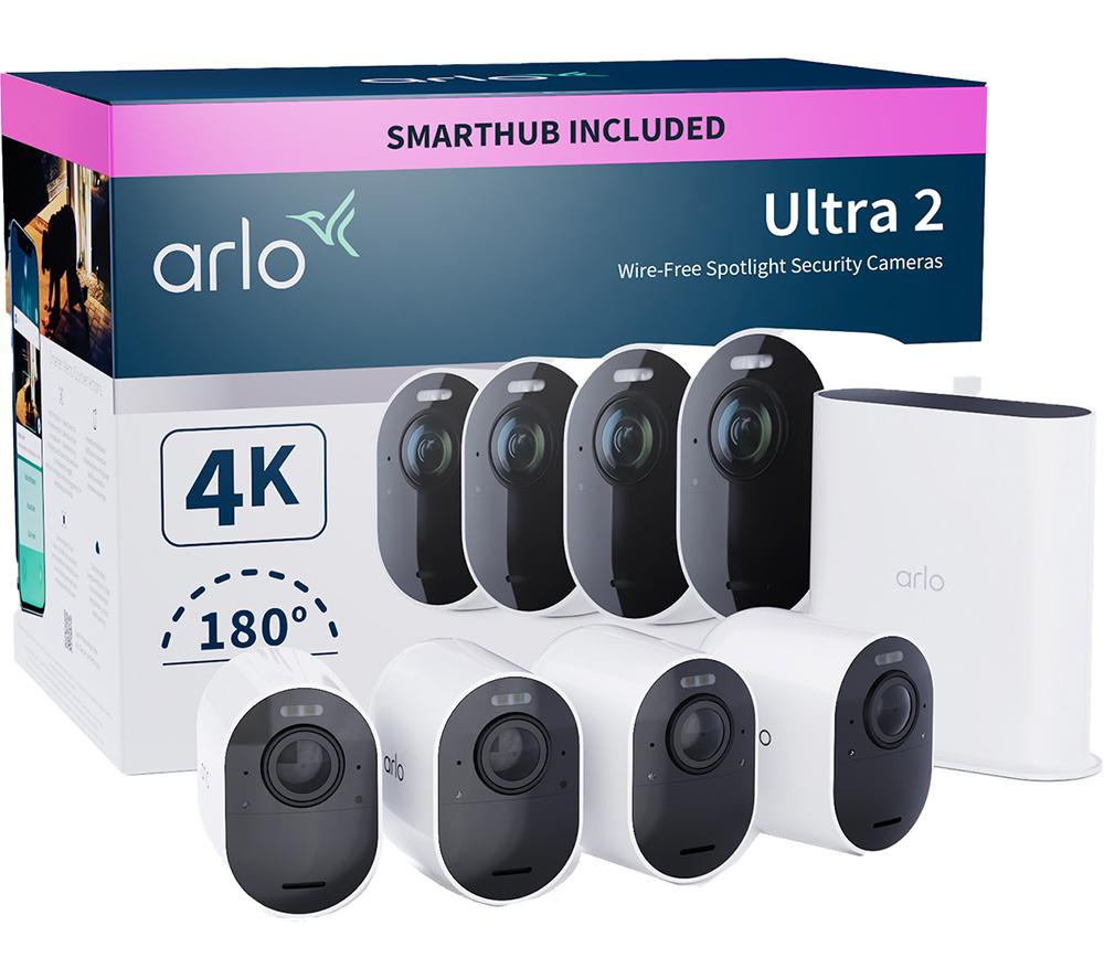 Arlo Ultra 2 Outdoor Smart Home Security Camera CCTV System and FREE extra Battery Pack bundle, 4 Camera kit, white, With Free Trial of Arlo Secure Plan