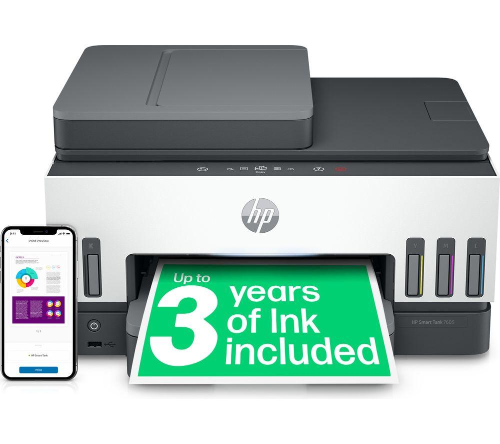 HP Smart Tank 7605 All-in-One Wireless Inkjet Printer, White,Silver/Grey