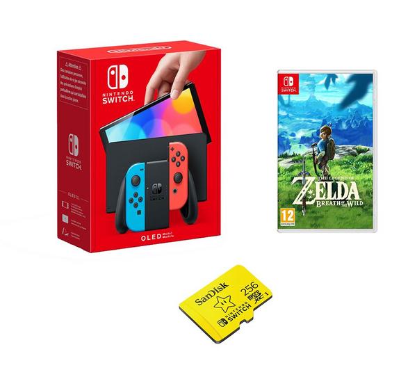 NINTENDO Switch OLED Neon, The Legend of Zelda: Breath of the Wild & SanDisk 256 GB Memory Card Bundle image number 0