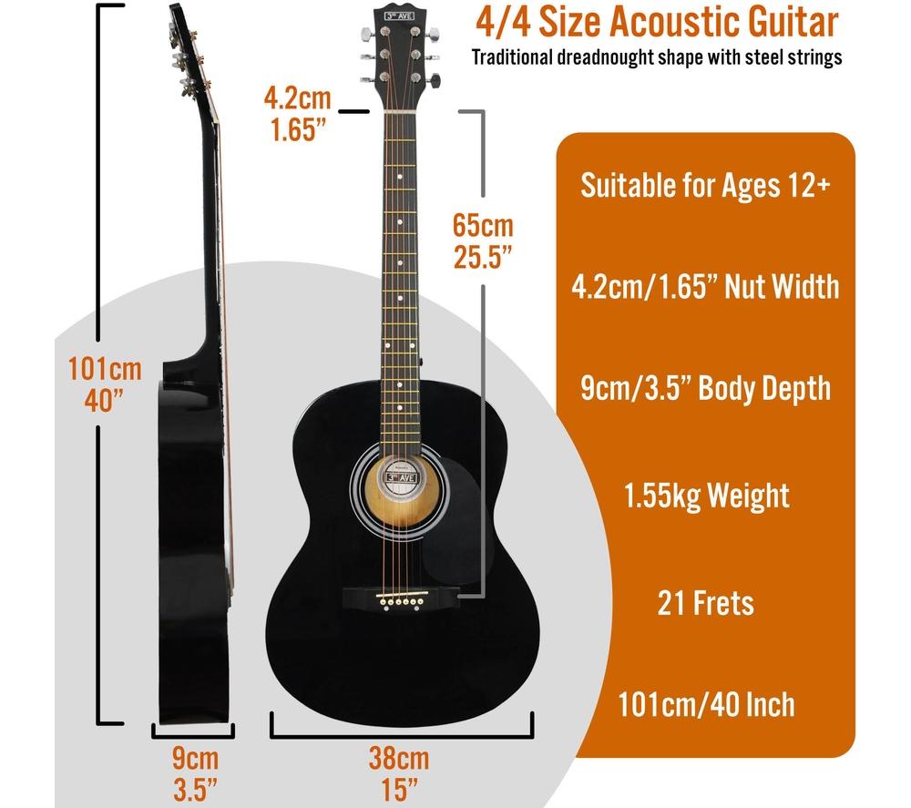 3RD AVENUE Full Size 4/4 Acoustic Guitar Ultimate Bundle - Black image number 2 of 6