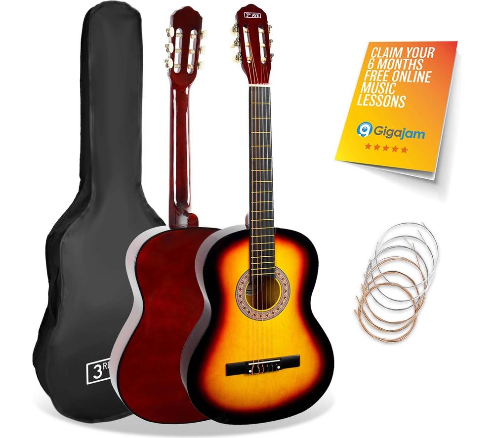 3Rd Avenue Full Size 4/4 Classical Guitar Bundle - Sunburst, Brown,Yellow,Red