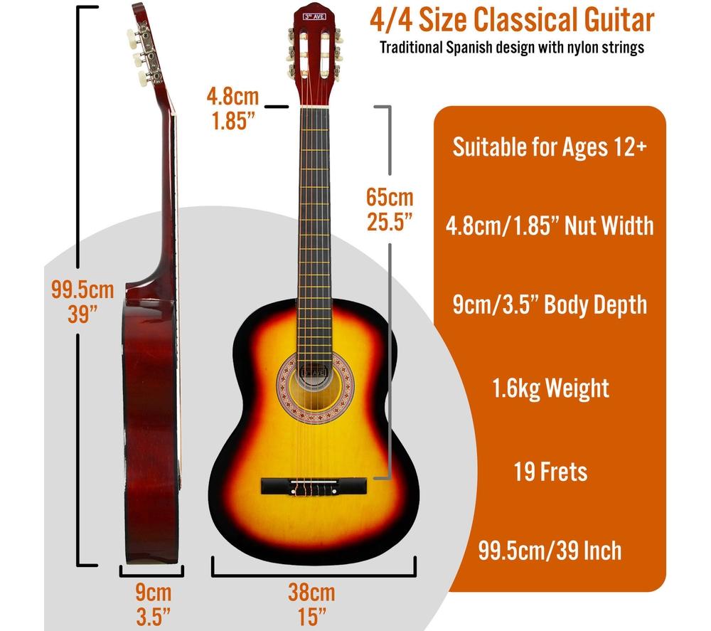 3RD AVENUE Full Size 4/4 Classical Guitar Bundle - Sunburst image number 2 of 6