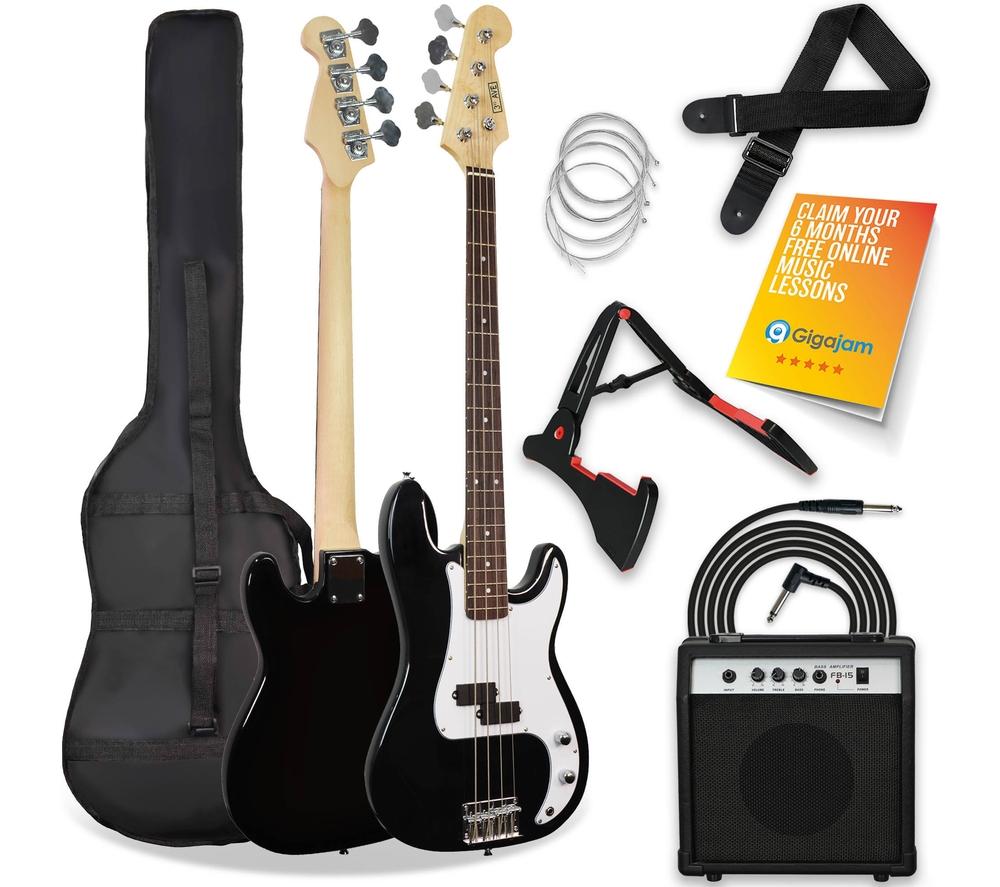 3Rd Avenue Full Size 4/4 Electric Bass Guitar Bundle - Black, Black