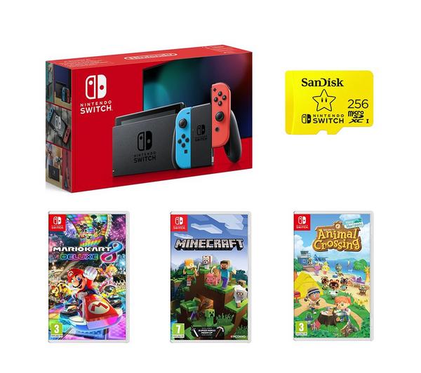 NINTENDO Switch, Animal Crossing, Mario Kart 8, Minecraft & 256 GB Memory Card Bundle - Neon Red & Blue image number 0