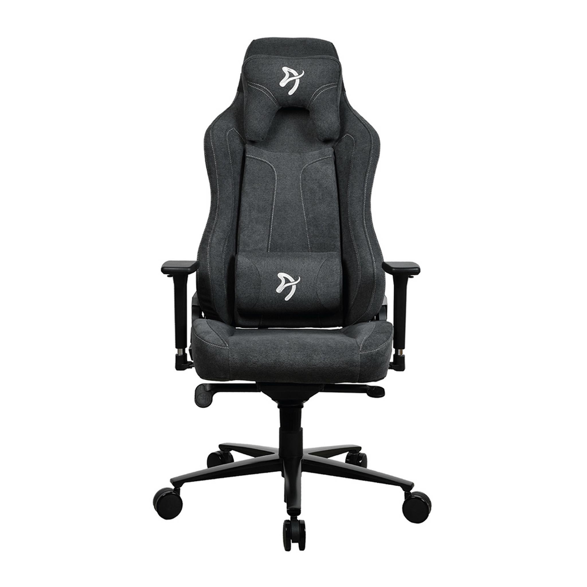 AROZZI Vernazza soft fabric gaming chair in dark grey front view with arms and wheels