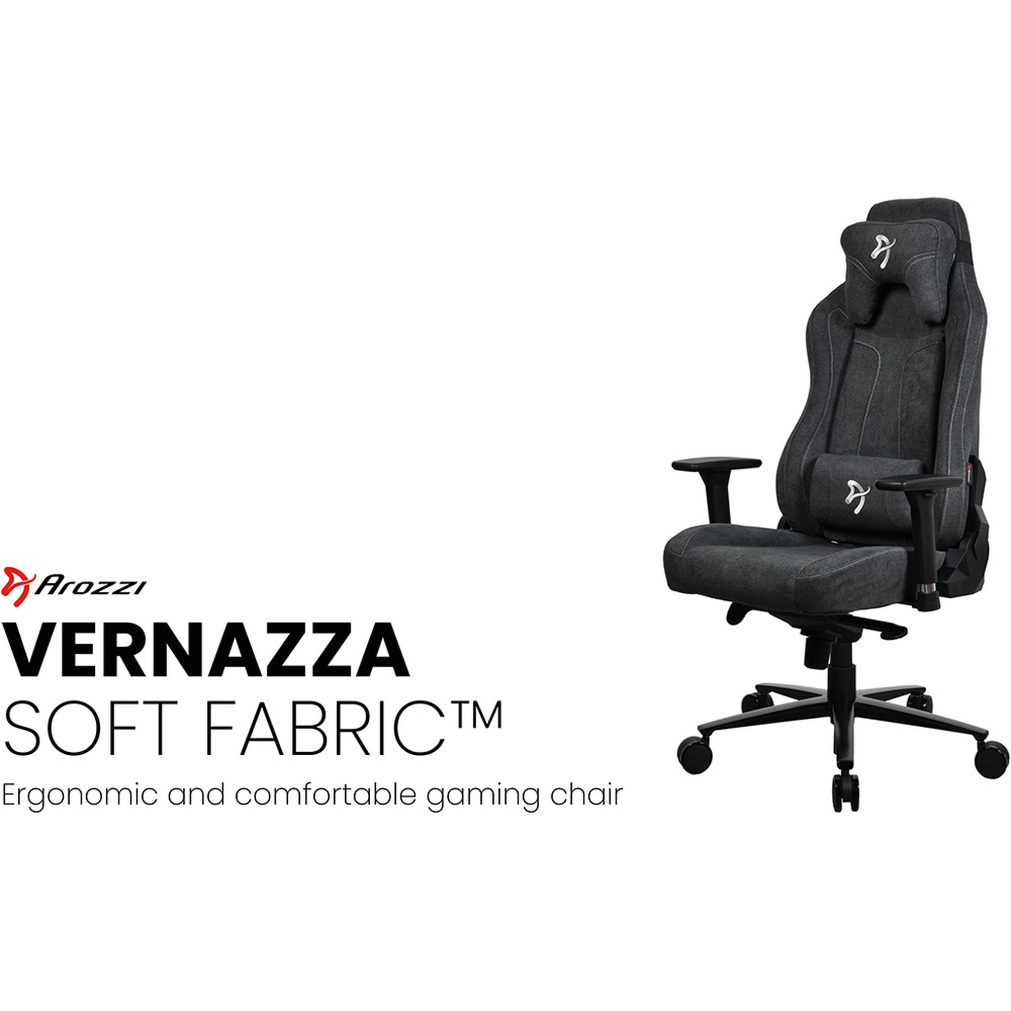 Verazza soft fabric gaming chair with logo and small chair image and text